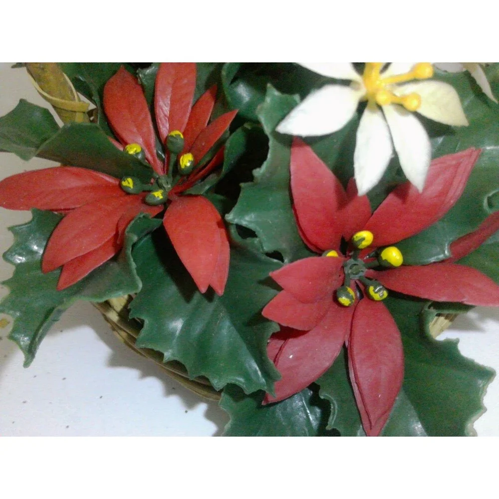 Vintage 1960s Poinsettias Arrangement in Wicker Basket Plastic 8 inch